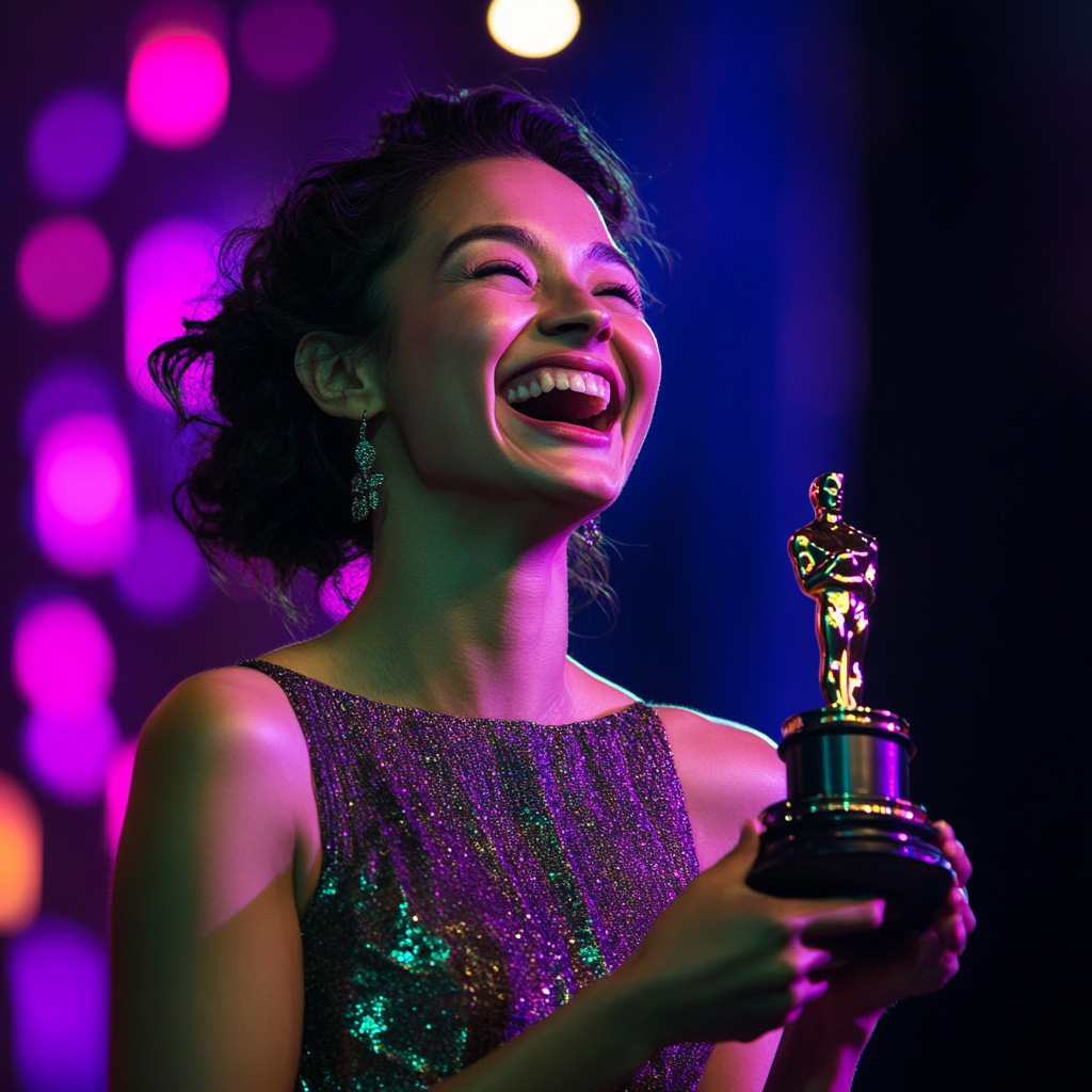 A woman holding an award and laughing.