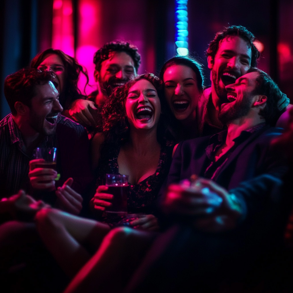 A group of people laughing with sinister lighting.