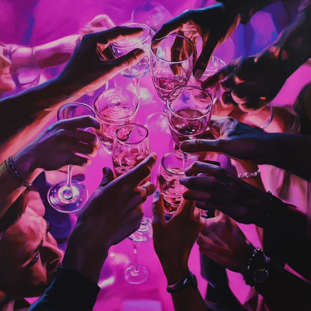 A circle of hands clinking their adult beverages together, shot from a low angle.