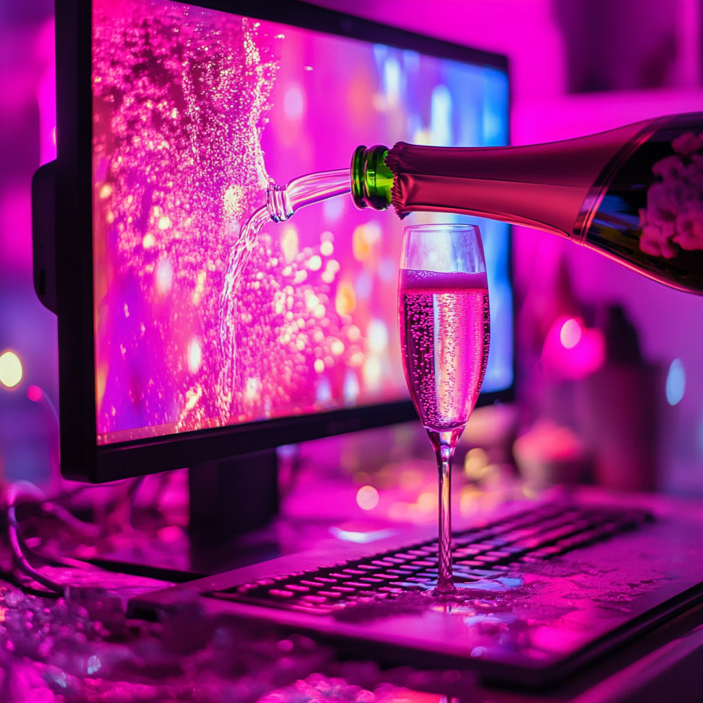 A computer screen being blasted by the spray of a freshly-popped bottle of champagne.