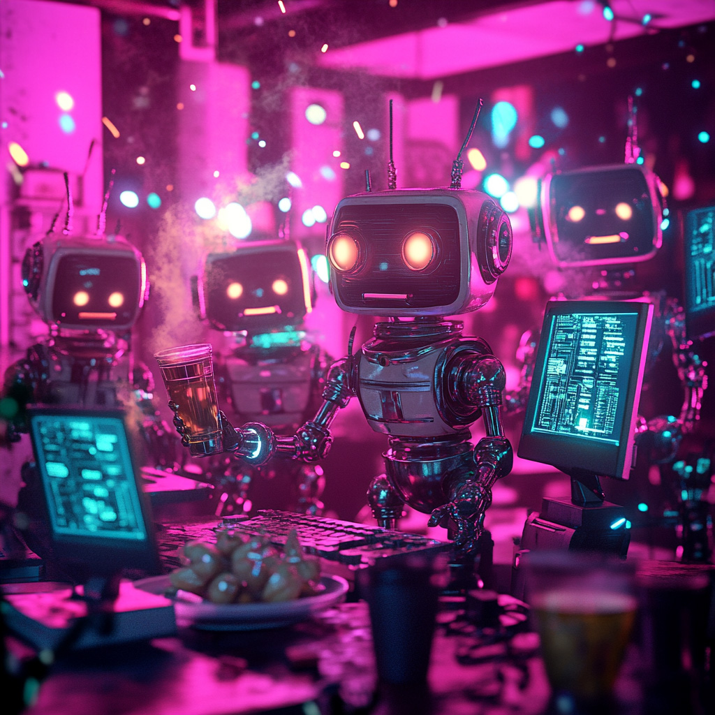 A group of robots enjoying a party to the extent that they can enjoy things, or feel joy at all.